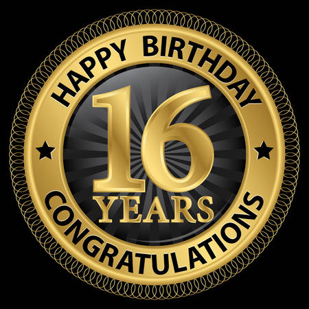16 years happy birthday congratulations gold label, illustrationのイラスト素材
