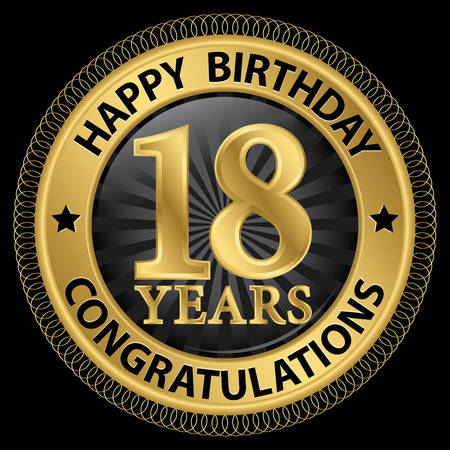 18 years happy birthday congratulations gold label, illustrationのイラスト素材