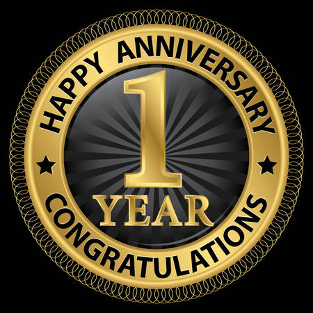1 year happy anniversary congratulations gold label with ribbon, vector illustrationのイラスト素材