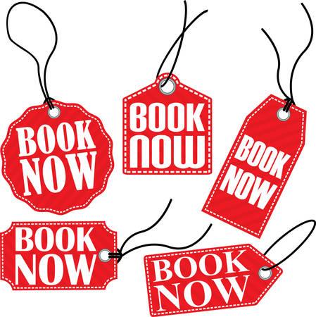 Book now red tag set, vector illustrationのイラスト素材
