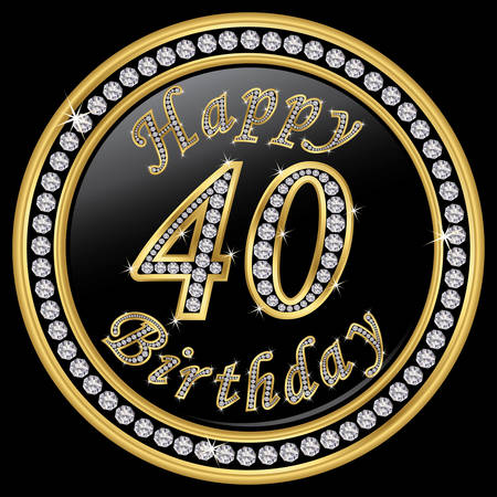 Happy 40th birthday, happy birthday 40 years, golden icon with diamonds, vector illustrationのイラスト素材