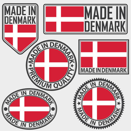 Made in Denmark label set with flag, made in Denmark, vector illustrationのイラスト素材
