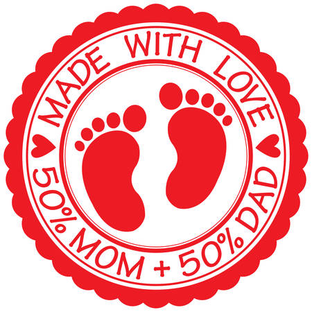 Made with love sign with baby footprint, 50% Mom + 50% Dad, vector illustrationのイラスト素材