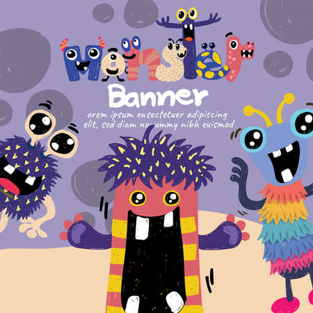 banner monster alien cute colorful happy smile background; template brochure concepts vector illustration design characterのイラスト素材