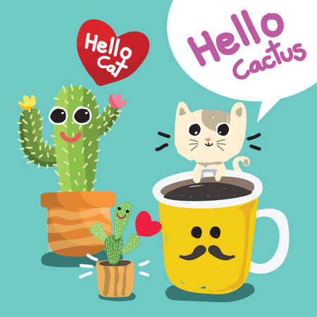 postcard banner cartoon cat and cactus cute happy smile vector illustration backgroundのイラスト素材