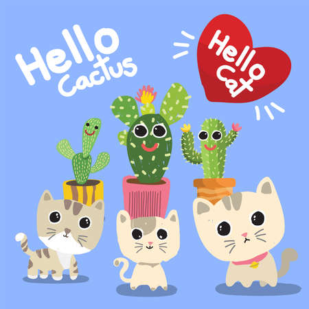 postcard banner cartoon cat and cactus cute happy smile vector illustration backgroundのイラスト素材
