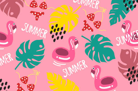 summer pattern pink pineapple background leafs tropical vector illustrationのイラスト素材
