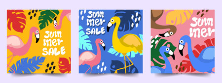 summer cards poster banner watermelon pineapple blue flamingo sun background tropical illustration...