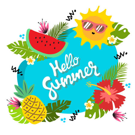 summer concepts banner design background sun watermelon pineapple leafs fresh vector illustrationのイラスト素材