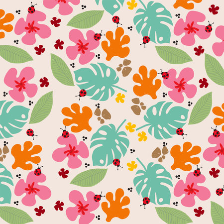 Set of beautiful natural flowers and leaves background patterns. Used to design fabric 

  patterns, decorate cards, publications, products and media. Free to edit patterns.のイラスト素材