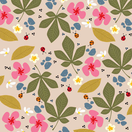 Set of beautiful natural flowers and leaves background patterns. Used to design fabric 

  patterns, decorate cards, publications, products and media. Free to edit patterns.のイラスト素材