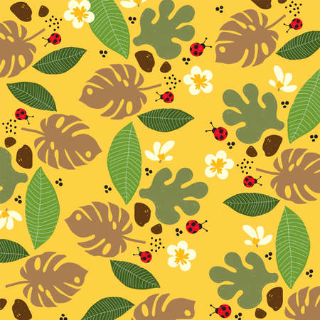 Set of beautiful natural flowers and leaves background patterns. Used to design fabric 

  patterns, decorate cards, publications, products and media. Free to edit patterns.のイラスト素材