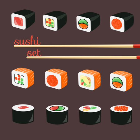 Flat Sushi Icons Set. Asian Menuのイラスト素材
