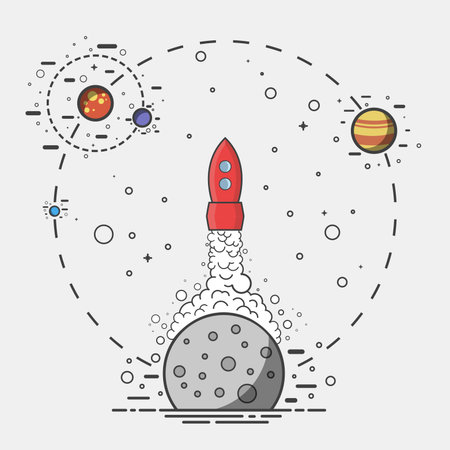 Outer space rocket flying up into the solar system. Vector thin lines icons stars in galaxy.のイラスト素材