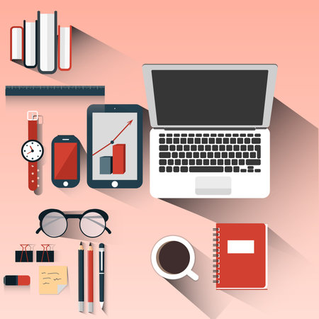 Workplace with Mobile Devices Documents Pencils Coffee Eraser Notebook and Watches. Flat Style With Long Shadow. Vector Illustrationのイラスト素材