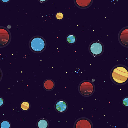 Seamless Space Pattern with DIfferent Variations of Planets and Stars. Figure for Textiles. Decorative Elements for Postcard Design.のイラスト素材