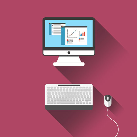Monitor, Keyboard and Mouse. Long Shadow Flat Design Vector Illustrationのイラスト素材