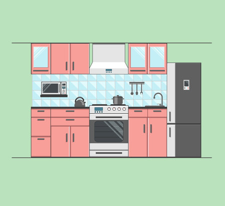Kitchen Interior With Furniture. Microwave Oven, Fridge,Teapot and Other Equipment. Flat Style Vector Illustration.のイラスト素材