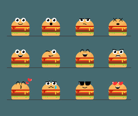 Flat Emoticon Cute Cheeseburger Set. 12 Different Looksのイラスト素材