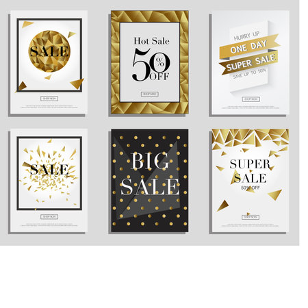 Set of Elegant Sale Banners with Golden Frame, Ribbon and Poligonal Pattern Shopping Bag. Vector Template for Website With Gold.のイラスト素材