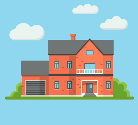Real Estate Brick House Building Private Property with Garage Trees and Clouds. Modern Flat Design Vector Illustrationの写真素材