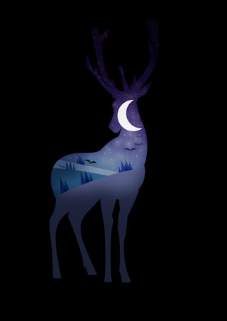 Double Exposure Deer with Night Landscape Illustrationの写真素材