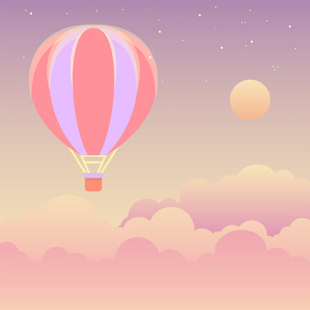 Hot Air Balloon in the Sky with Stars and Clouds Flat Style Vector Illustrationの写真素材
