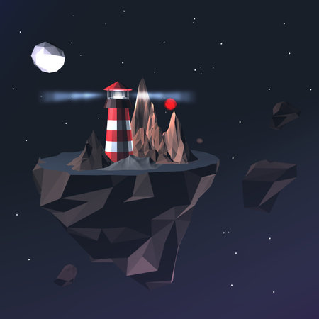 Low Poly Lighthouse in Space with Stars, Clouds, Mountains and Red Planet. 3D Render Illustration of Low Poly Beaconの写真素材
