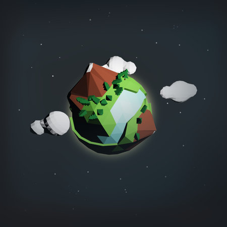 Low Poly Earth - Like Planet in Space with Stars, Clouds, Mountains and Water. 3D Render Illustrationの写真素材