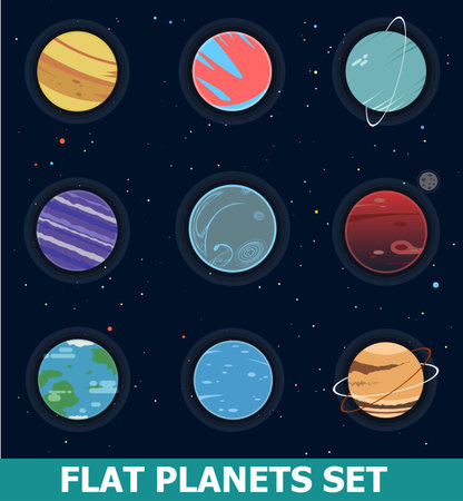 Set of Nine Trendy Science fiction Non-Realistic Fantasy Planets on Space with Stars.のイラスト素材