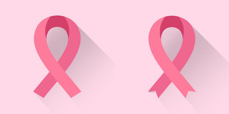 Set of Two Pink Ribbons with Long Shadow, Breast Cancer Awareness Symbol. Flat Style Vector illustration.のイラスト素材
