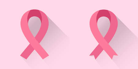 Set of Two Pink Ribbons with Long Shadow, Breast Cancer Awareness Symbol. Flat Style Vector illustration.の写真素材