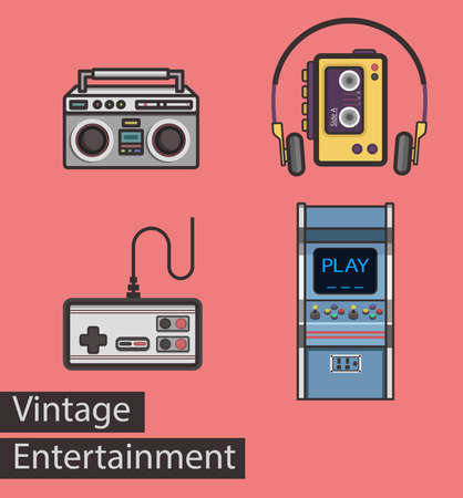 VIntage Entertainment Set. Flat Style Retro Vector Illustration with Arcade, Boombox, Cassette Player and Joystick. EPS10.の写真素材