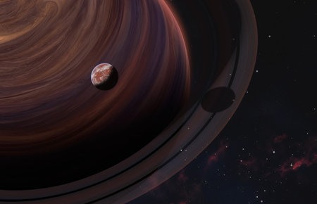 Close Up at Red Planet over Gas Giant with Rings on Nebula Background. Elements of this image furnished by NASA.の写真素材