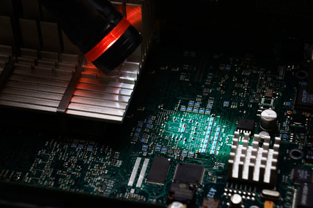 computer motherboard in close and focus light
