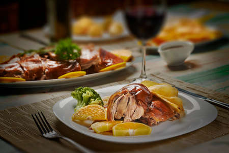 Roast pork dish with crispy skinの写真素材