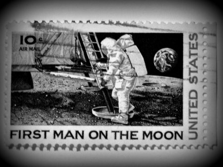 US 1st man on moon stamp, circa 1969, Holga styleのeditorial素材