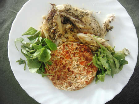fish, lentil burger and green salad dishの写真素材