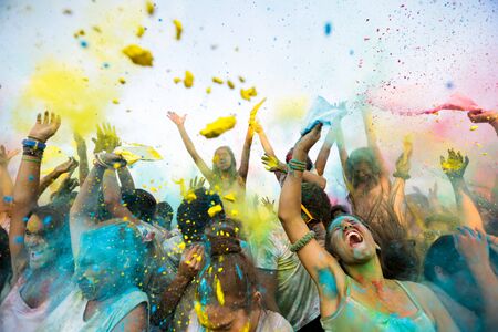 Color powder explodes during a Happy Holy Festival in Porto, Portugal.のeditorial素材