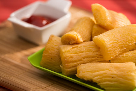 Brazilian food fried yucca. Deep fried cassava root.の写真素材