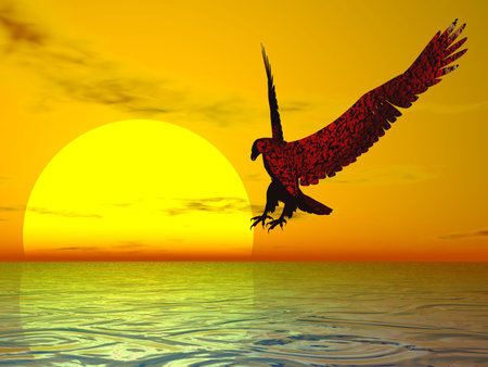 Surreal red eagle in a brilliant yellow sunsetの写真素材