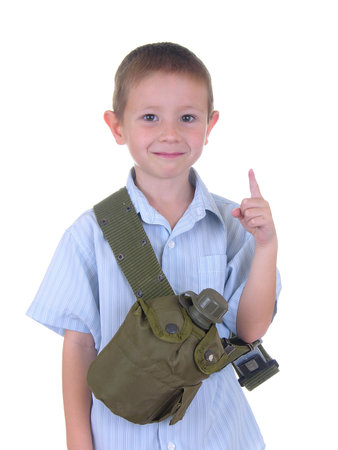 Boy ready to go camping with canteenの写真素材