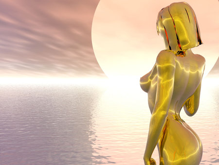 Gold nude in a surreal landscapeの写真素材