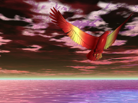 Flaming eagle over a purple and surreal sea and skyの写真素材