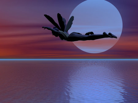 Fairy flying in front of the moonの写真素材