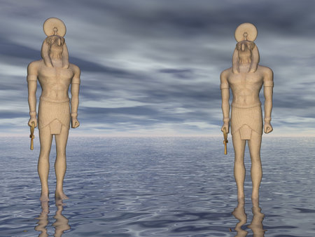 Two statues of Horus at seaの写真素材