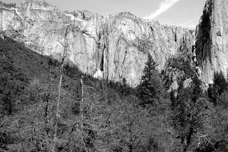 Monochrome of waterfall in Yosemite Valleyの写真素材