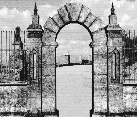 Pencil sketch gate opening onto dirt road.の写真素材