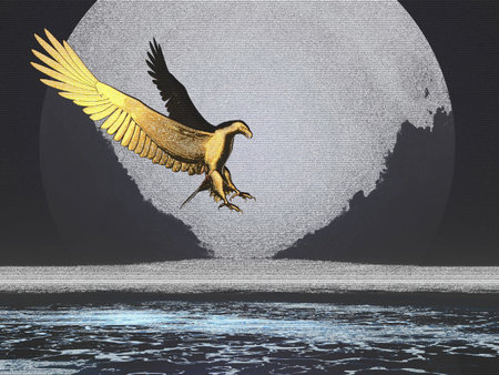 Golden eagle above the sea and against the moon pencil sketchの写真素材