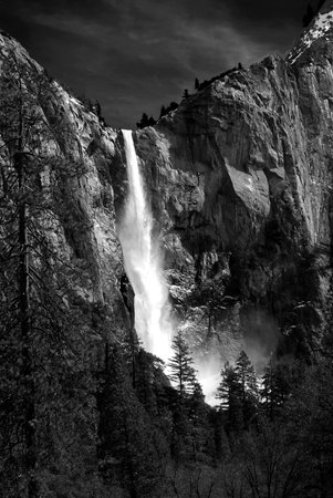 Monochrome waterfall in Yosemite National Forestの写真素材